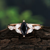 Black Onyx Marquise Cut  Engagement Ring Sider with 3-stone